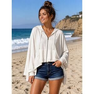 Free People Beach Oversized Zip Hoodie Kangaroo Pocket Cream Ivory (Boho Draped)